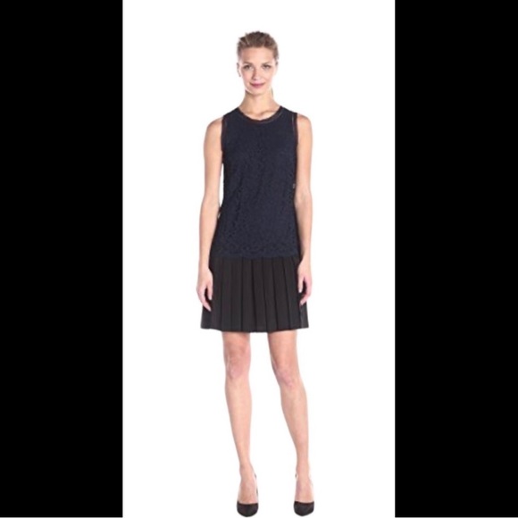 REBECCA TAYLOR $425 Navy Blue Lace Dress Black Pleated Skirt Silk Mix Contrast - Picture 5 of 15